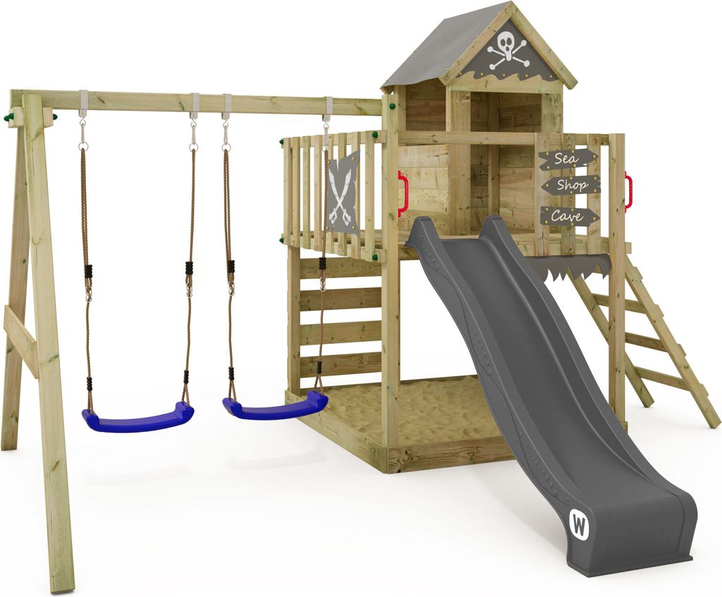 WICKEY Spielturm Klettergerüst Smart Cave mit Schaukel & Rutsche, Baumhaus mit Sandkasten, Kletterleiter & Spiel-Zubehör – anthrazit