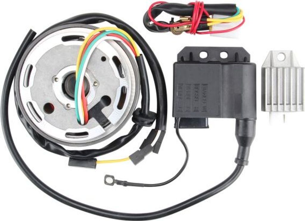 A set of motorcycle ignition components laid out on a white background.