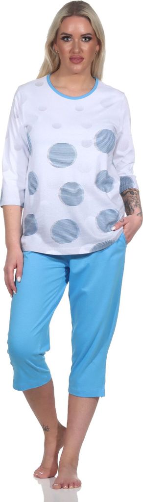 Normann Damen kurzarm Capri Schlafanzug in Tupfen-Punkte Optik - auch in Übergrössen ; blau , 60