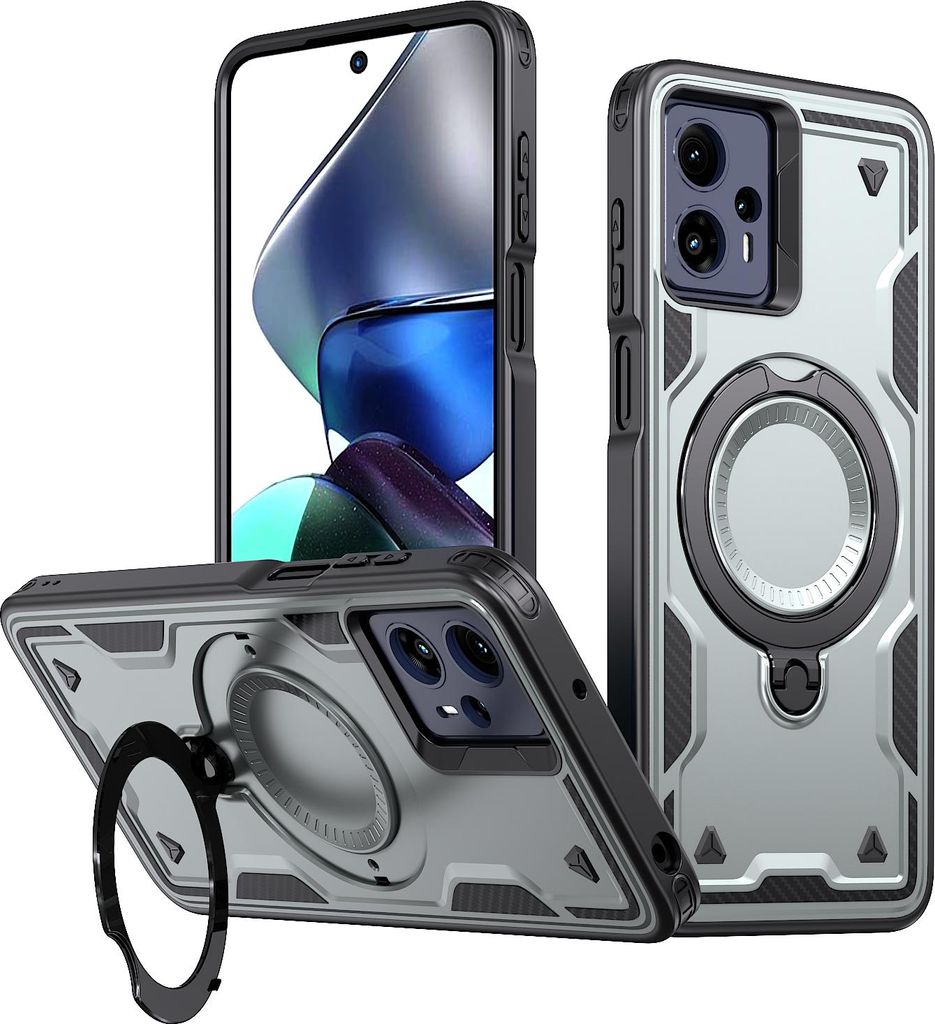Dual Layer Hülle für Motorola Moto G13/G23/G53 mit Ring Ständer Magnetisch Stoßfest Handyhülle Grau