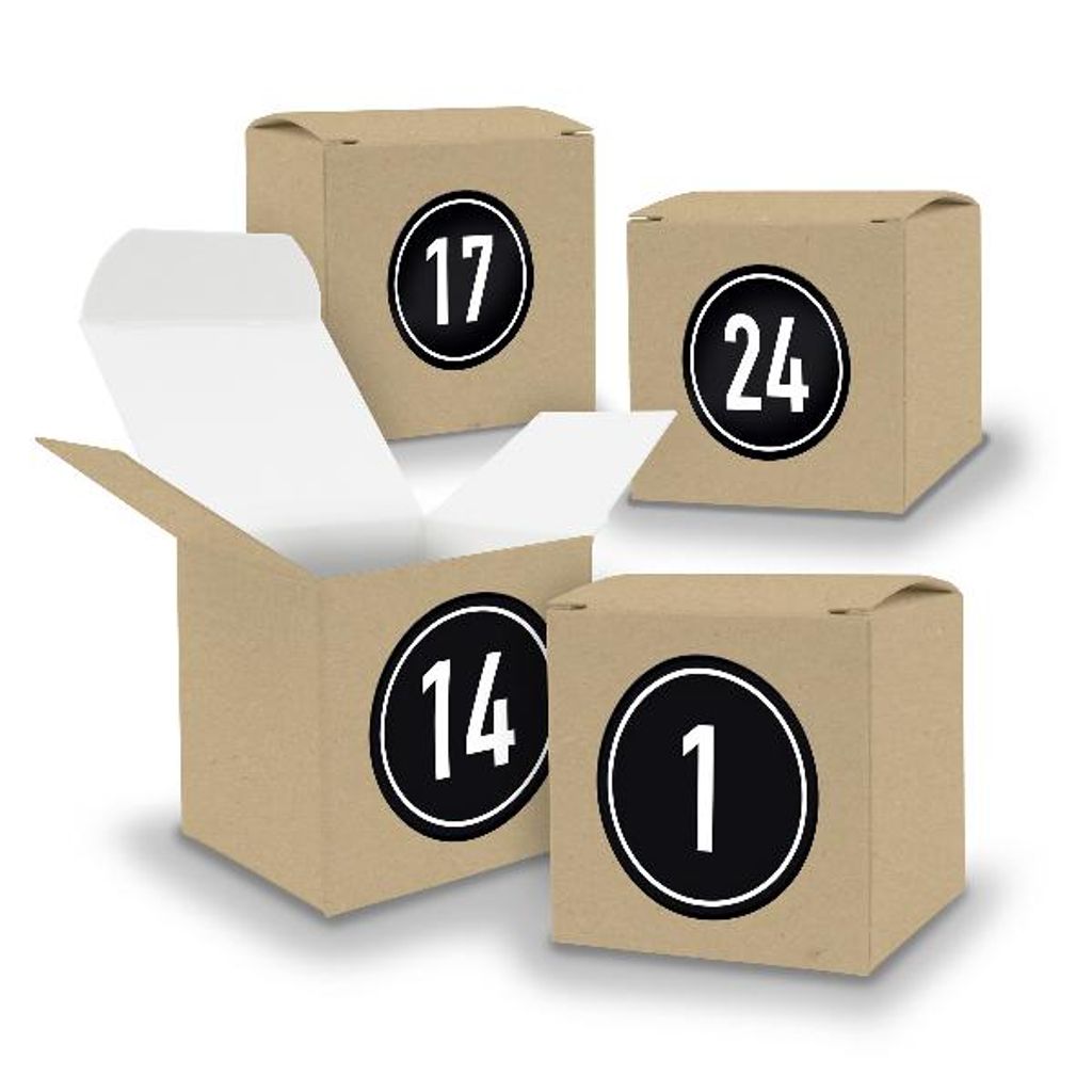 Adventskalender zum Füllen 24x Würfel 6,5cm BRAUN + Sticker V05 Z08