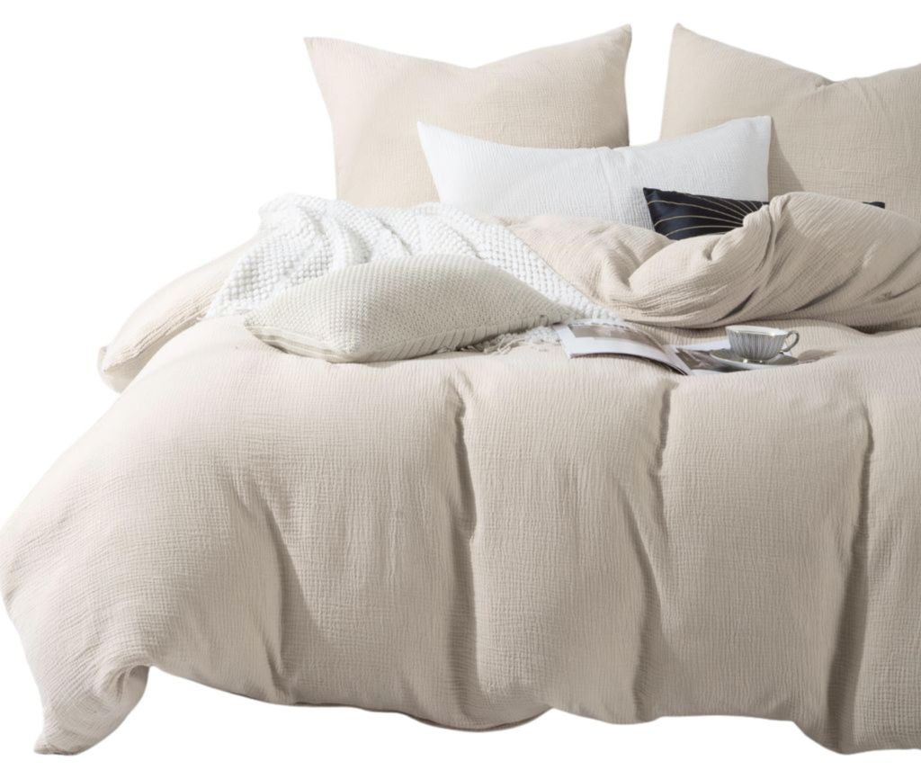 Baumwoll-Musselin-Bettwäsche 140X200 + 1 Kissenbezug Set Zart Atmungsaktiv Hellbeige