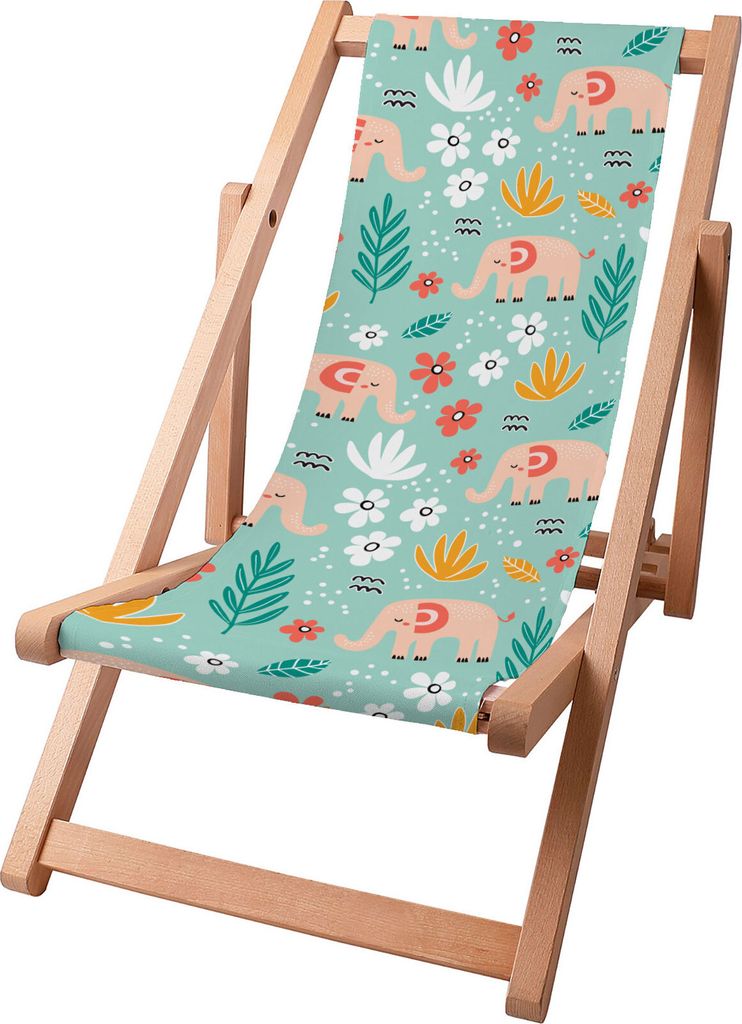 Dreamroots Kinder Liegestuhl klappbar Holz,bis zu 130 kg, Sonnenliege klappbar mit 3-stufiger Neigungsregulierung der Rückenlehne, Elephant Morning