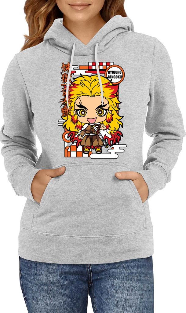 Damen Kapuzenpullover Demon Anime Slayer Kimetsu No Yaiba Chibi Kyojuro Rengoku, Lady XL / Grau