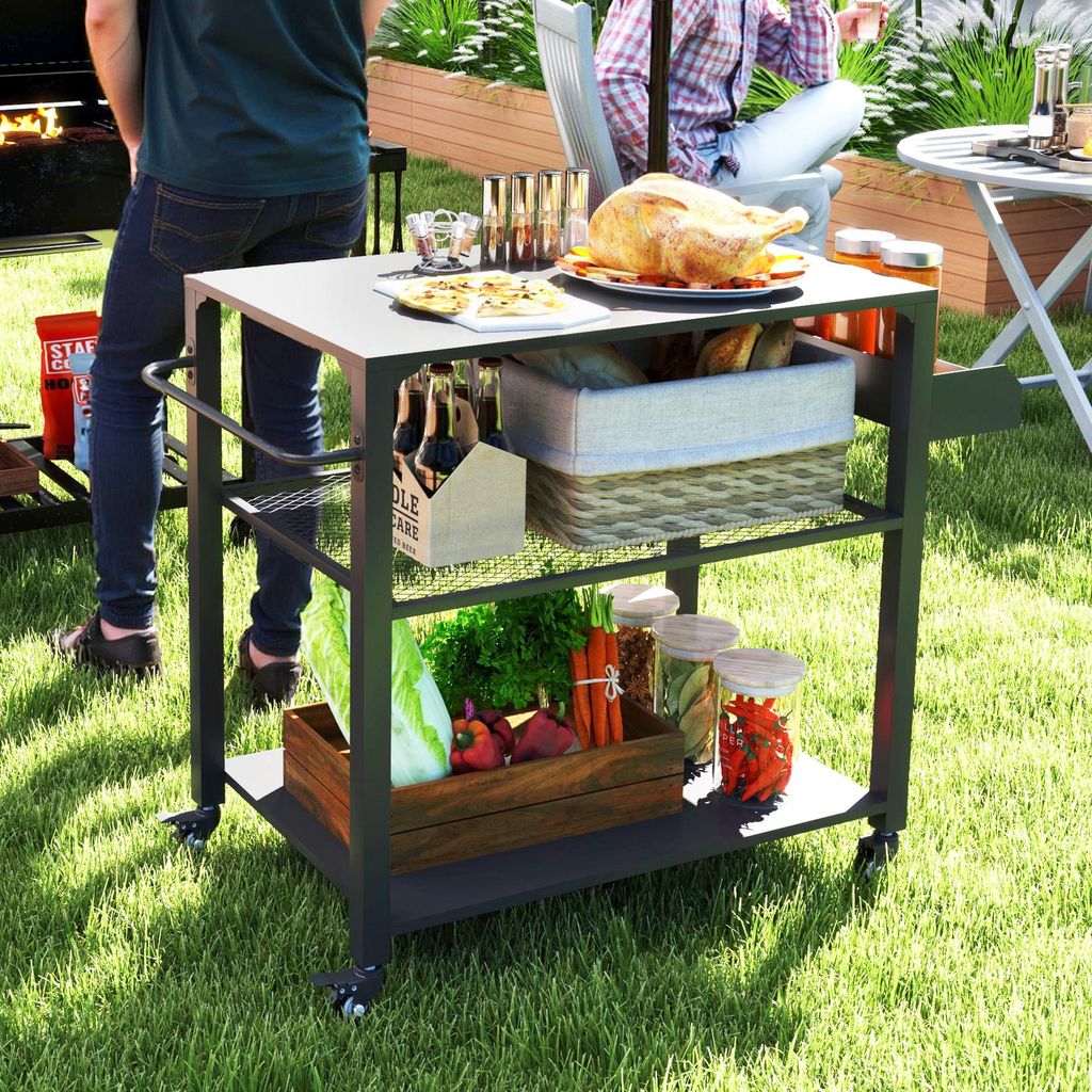 Grillwagen Outdoor-Kücheninsel, BBQ-Servierwagen mit Ablageregalen, Stahl pulverbeschichtet, Schwarz | 105 x 50 x 79 cm | 4 Rollen 360°