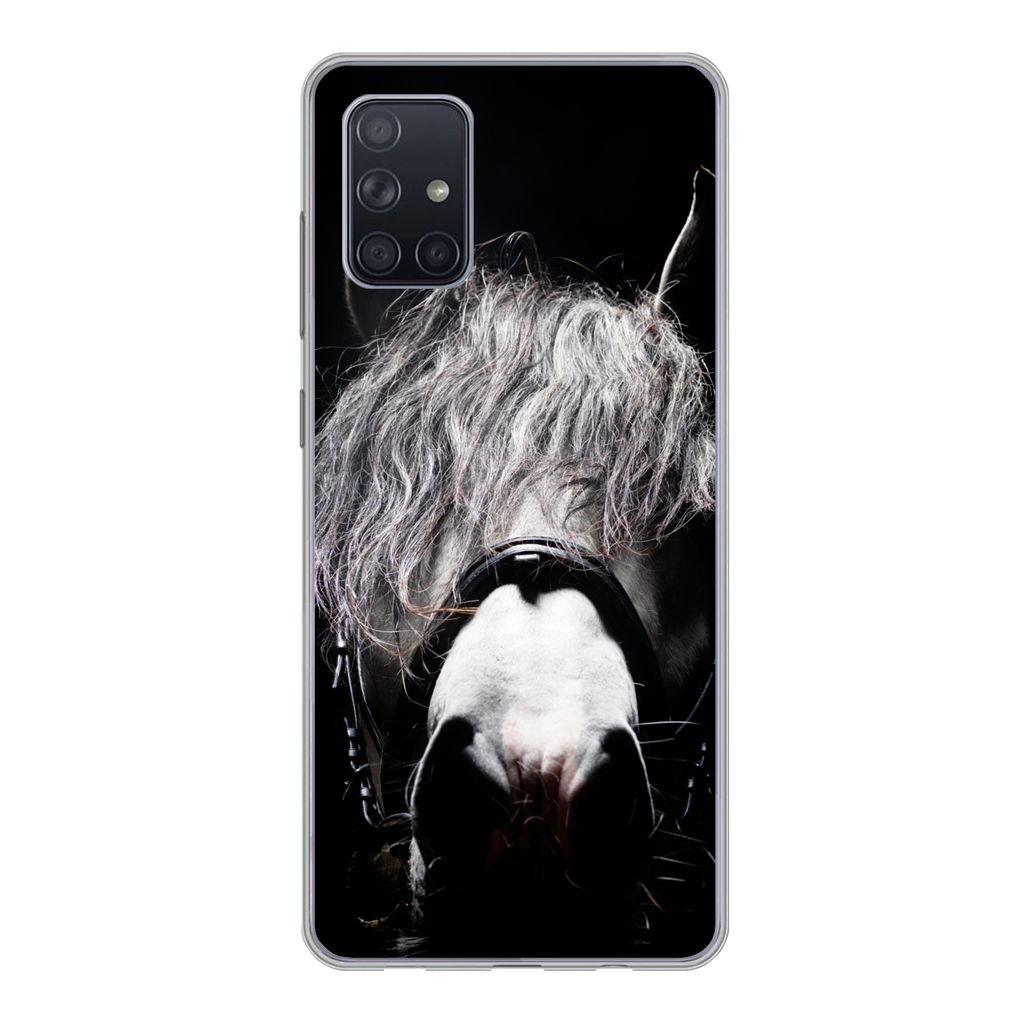 MuchoWow Handyhülle Schutzhülle Hülle für Samsung Galaxy A51 Pferd - Porträt - Schwarz - Weiß Silikon Softcase Handy Hülle - Schutzabdeckung