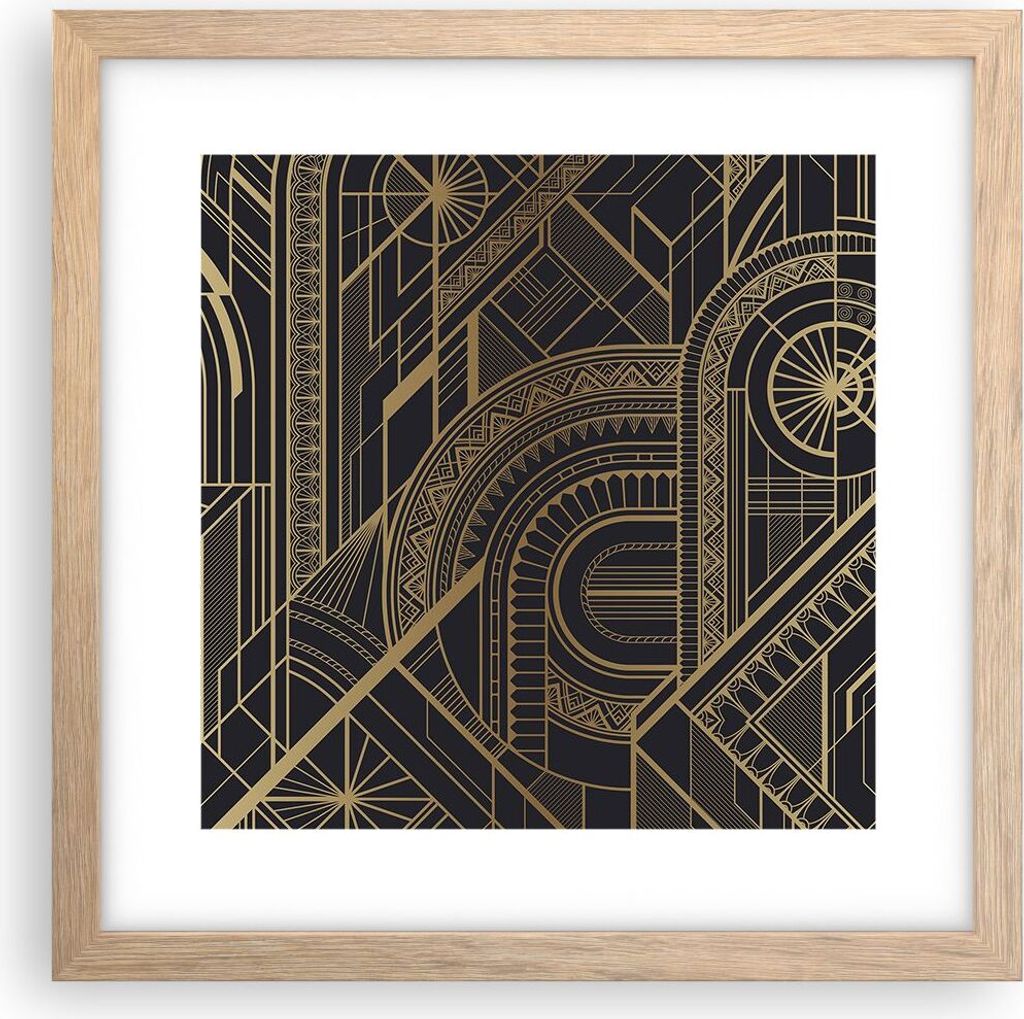 Gerahmtes Poster - Rahmen in heller Eiche - Ornament Gold Schwarz - 30x30 cm - Wand Bild - Wanddeko - Wandbilder - Kunstposter - Wandposter - Bilde...