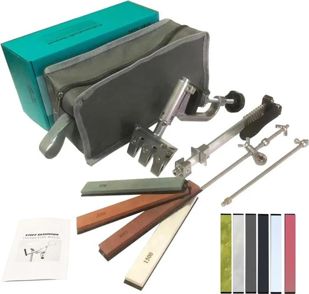 Affilacoltelli professionale - Sistema di affilatura ad angolo fisso - 4 pietre abrasive - Rotazione a 360° - Morsetto regolabile - Acciaio inossidabile - Verde
