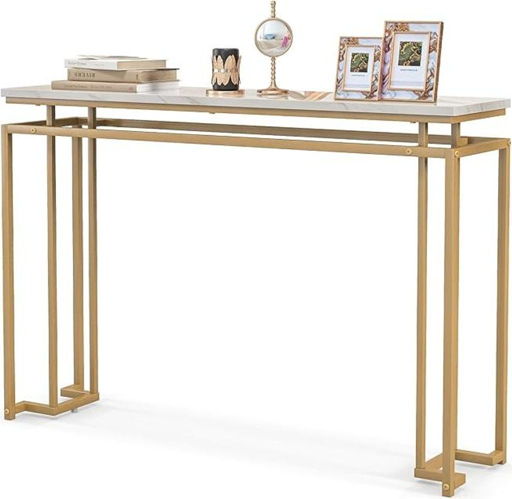 Konsolentisch, 120 cm, schmaler Eingangstisch mit Tischplatte aus Marmor und Metallrahmen, verstellbare Füße und Kippsicherung, eleganter Tisch