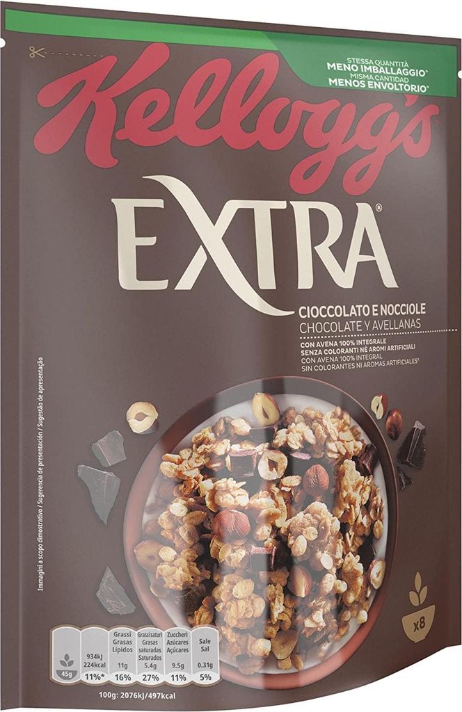 Kellogg's Extra Cioccolato e Nocciole Knusprige Haferflocken mit Schokolade und Haselnüssen 100% Vollkorn 375g-Packung