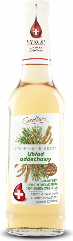 A bottle of syrup with a label showing pine sprigs and text.
