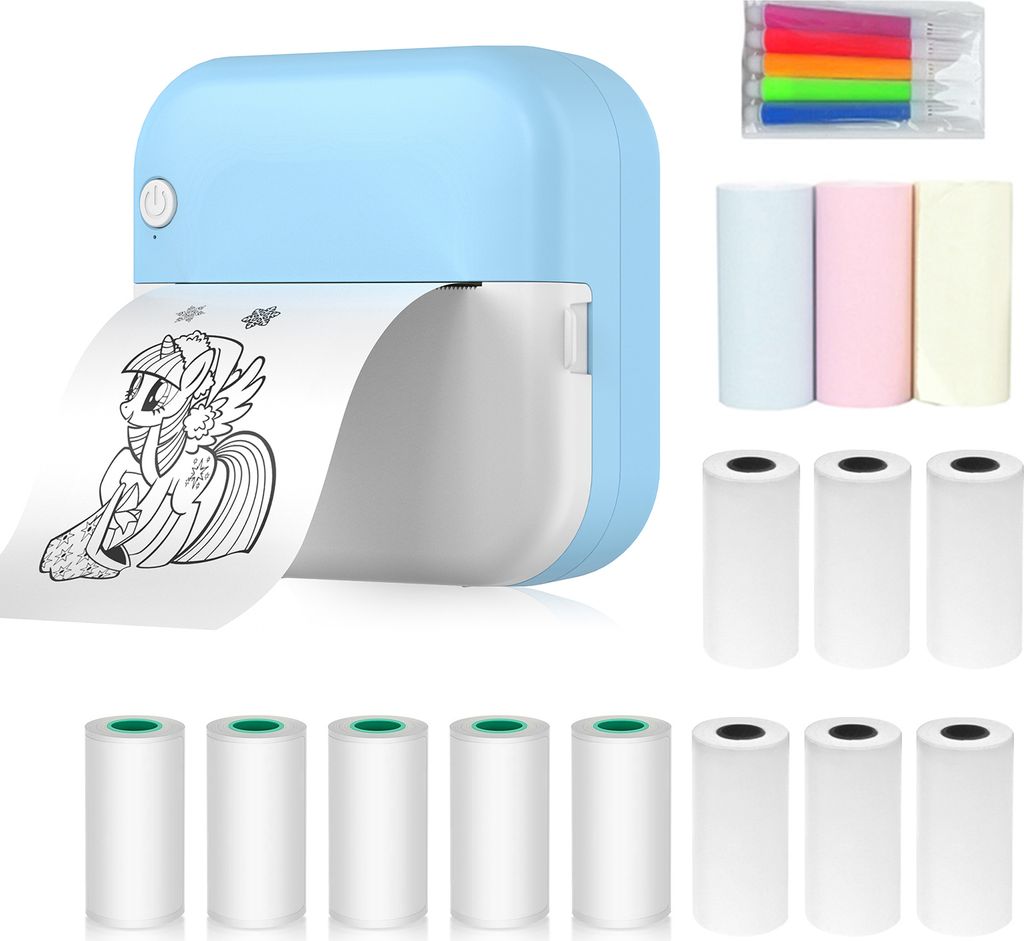 Mini-Drucker, Thermodrucker, Bluetooth Fotodrucker fuer Smartphone mit 9 Papierrollen 57 mm + 5 selbstklebende Papierrollen + 5 Stueck Farbmarker, ...
