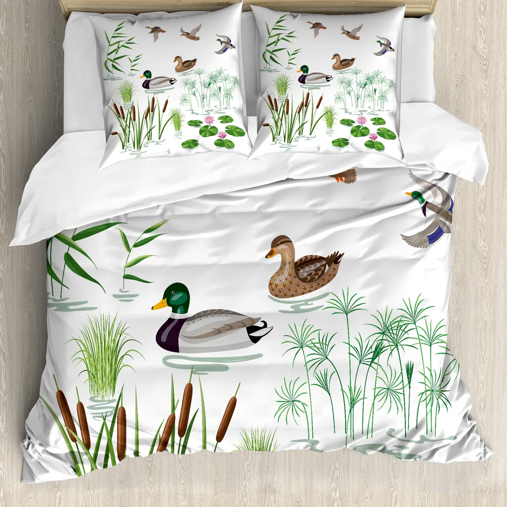 ABAKUHAUS Copripiumino con paperelle di gomma, animali del lago e piante, antiacaro, adatto a chi soffre di allergie, con federe, 155 cm x 220 cm - 80 x 80 cm, bianco verde