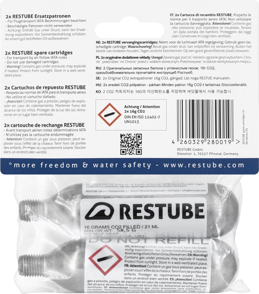Restube CO2 Catridges (16g) 2x - Wassersport