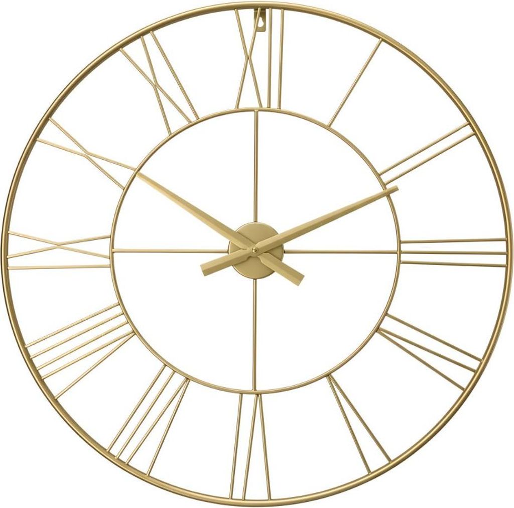 A close-up, front-facing shot of a gold-colored, metal wall clock with Roman numerals.