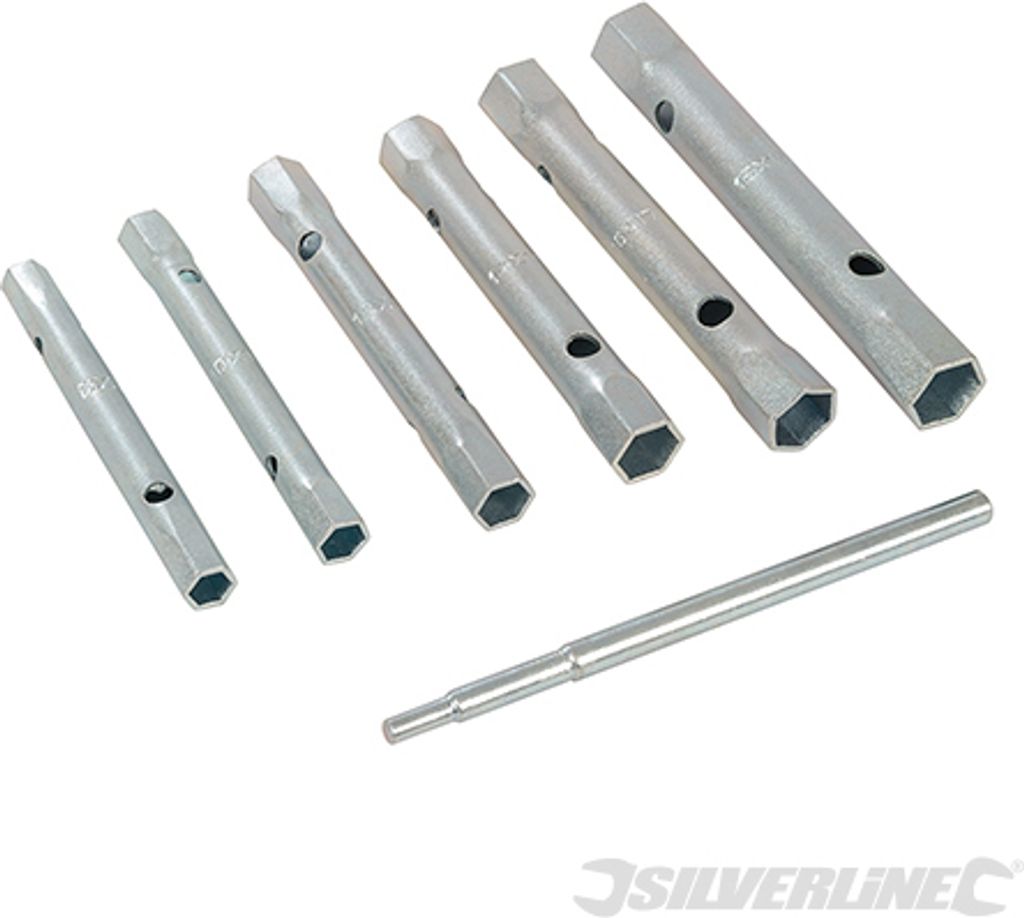 A set of six silver-colored metric tube socket wrenches and a handle, arranged on a white background.