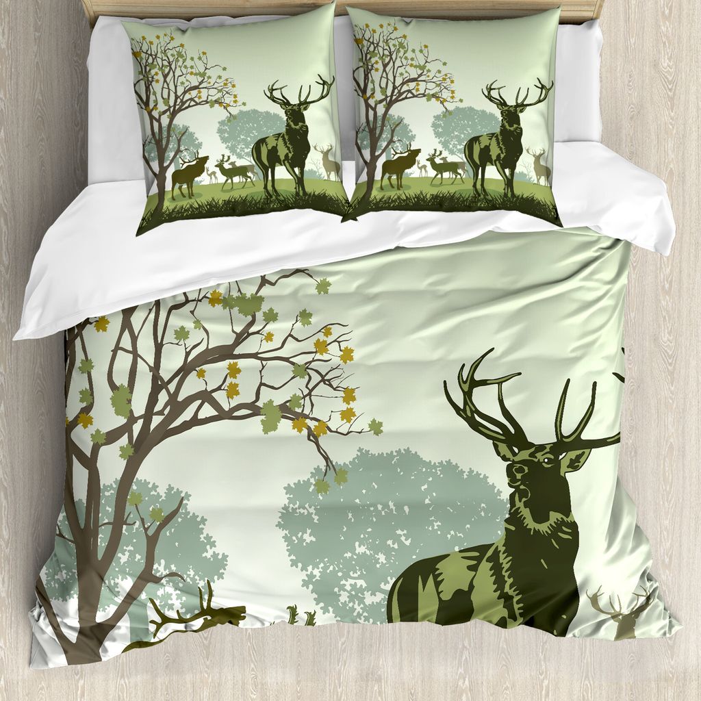 ABAKUHAUS Geweih Bettbezug, Deer und Naturpark, Milbensicher Allergiker geeignet mit Kissenbezügen, 200 cm x 200 cm - 80 x 80 cm, Grün