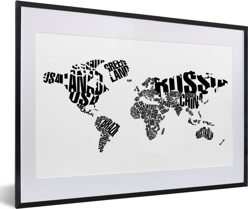 MuchoWow Gerahmtes Poster Weltkarte - Schwarz - Weiß - Wörter - Kind - Junge - Mädchen 60x40 cm - Poster mit Schwarzem Bilderrahmen Wandposter...