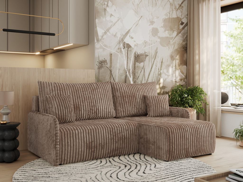 MKS MEBLE L-förmiges Ecksofa für das Wohnzimmer, Ecksofa mit Schlaffunktion und Bettkästen, Wohnlandschaft, losen Kissen - ARPA - Braun Cord - R...