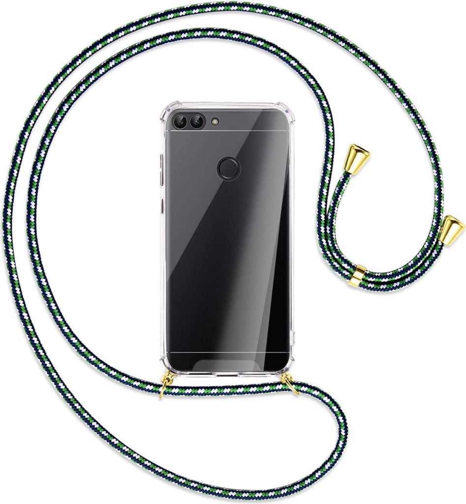 Handykette Backcover-Schutzhülle mit Band (Metall goldfarben) für Huawei P smart / Enjoy 7S - grün/blau/weiß