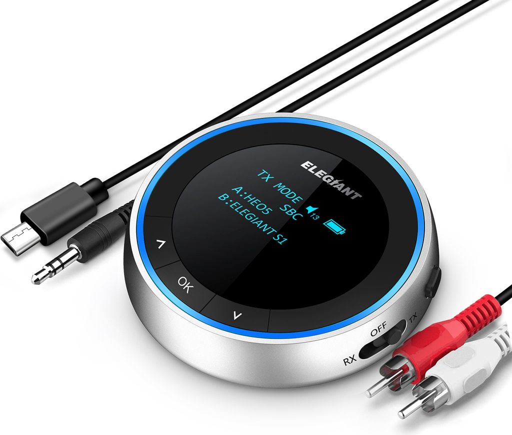 Elegiant BTI-077 Bluetooth Adapter – 2-in-1 Transmitter & Receiver | Kabellose Audioübertragung für TV, Auto, Stereo & Kopfhörer