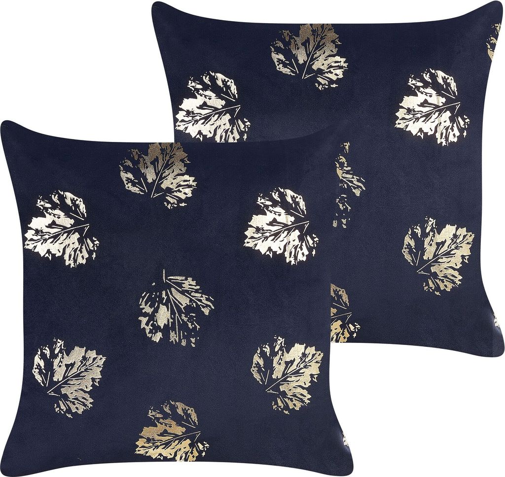 BELIANI Set aus 2 dekorativen Kissen Schwarz Samt Blattmuster 45 x 45 cm Goldfoliendruck Dekoratives Accessoire