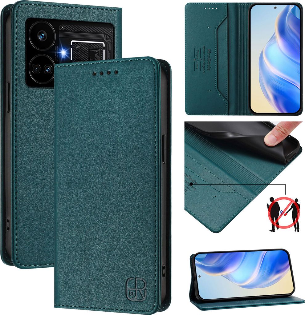 Lederhülle für Realme GT5 204W/Realme GT5 Hülle Flip Brieftasche Kartenfächern Ständer Schutzhülle Dunkelgrün