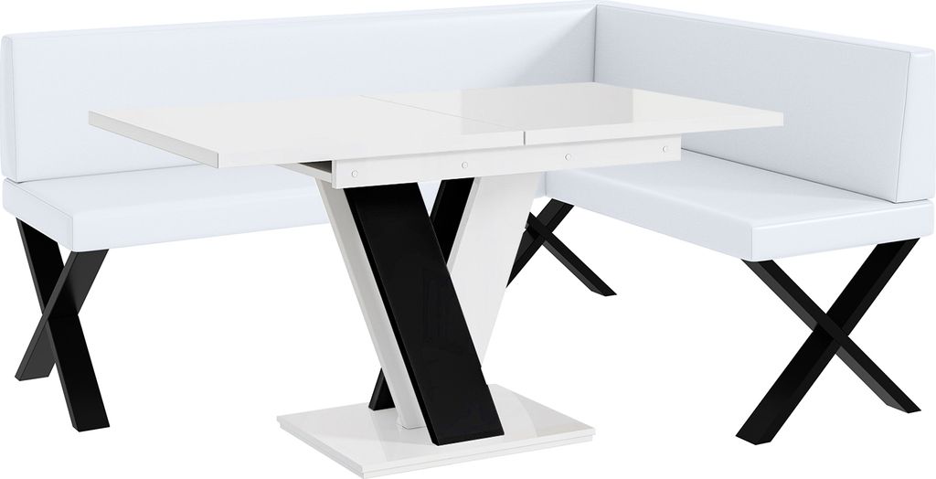 MEBLINI Eckbank für Esszimmer mit ausziehbarem Tisch - Küchenbank - Essecke - Sitzecke Küche - TONI - X-Beine 128x168x87cm Rechts - Weiß Kunstl...
