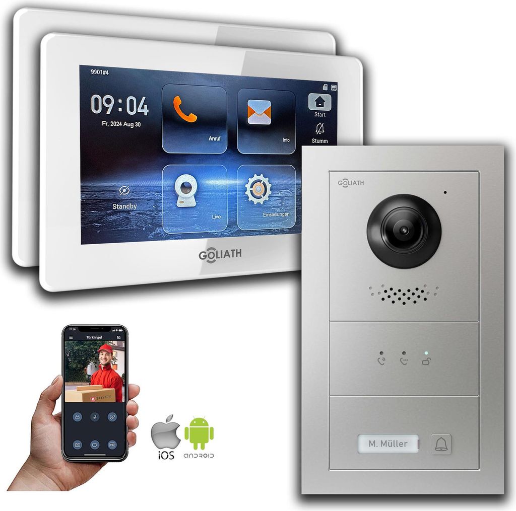 Goliath IP Video Türsprechanlage mit Kamera 7-Zoll Silber : Aufputzdose : 7 Zoll in Weiß : 2 Monitore Anzahl: 2 Monitore Farbe: 7 Zoll in Weiß M...