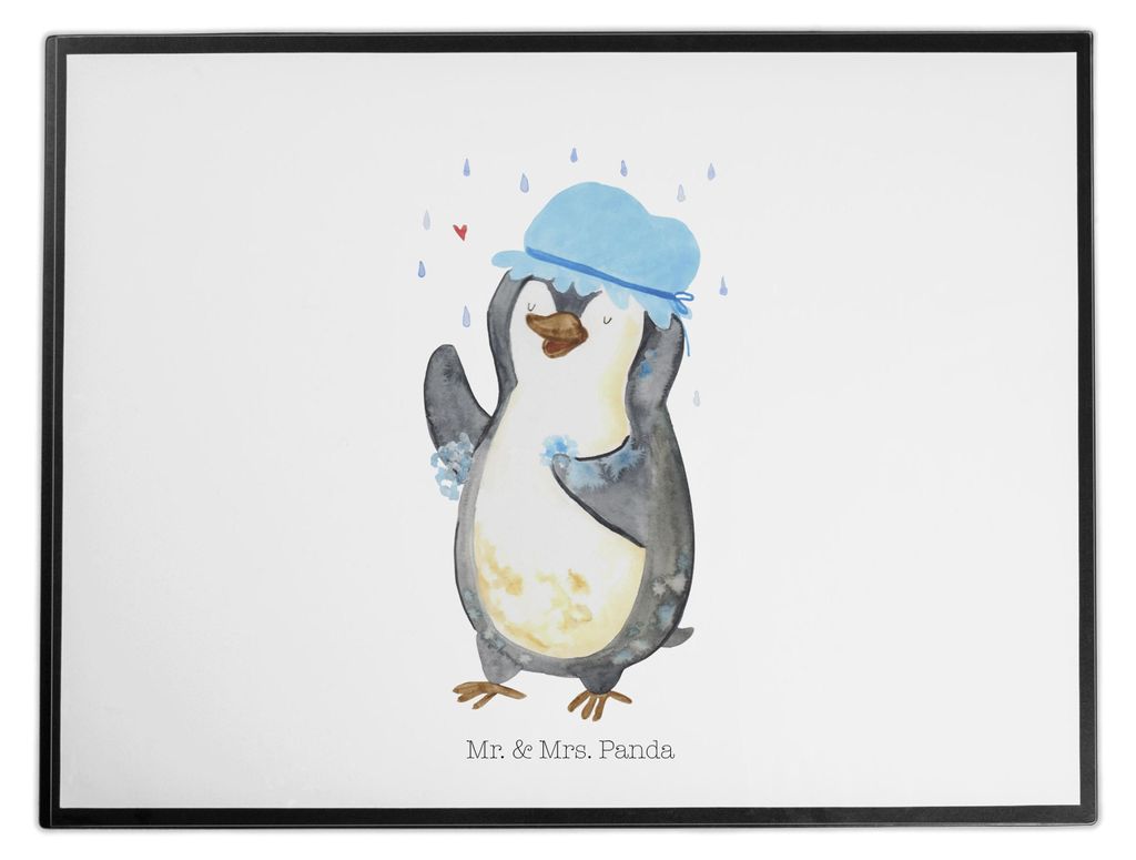 Mr. & Mrs. Panda Schreibunterlage Pinguin Duschen - Weiß - Geschenk, malmatte, Pinguine, Duschkonzert, Singen, Baden, Unterlage Schreibtisch, Dusc...