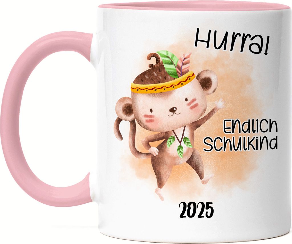 Endlich Schulkind 2025 Affe Tasse Rosa Schulanfang Patenkind Einschulungs-Geschenk Schuleinführung
