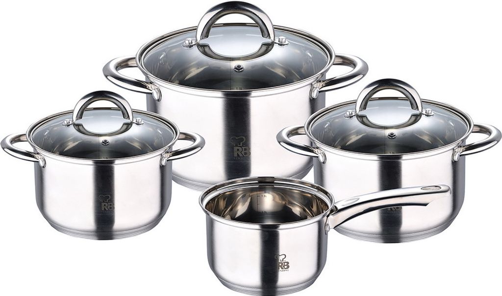 A set of four stainless steel pots with glass lids, arranged on a white background.