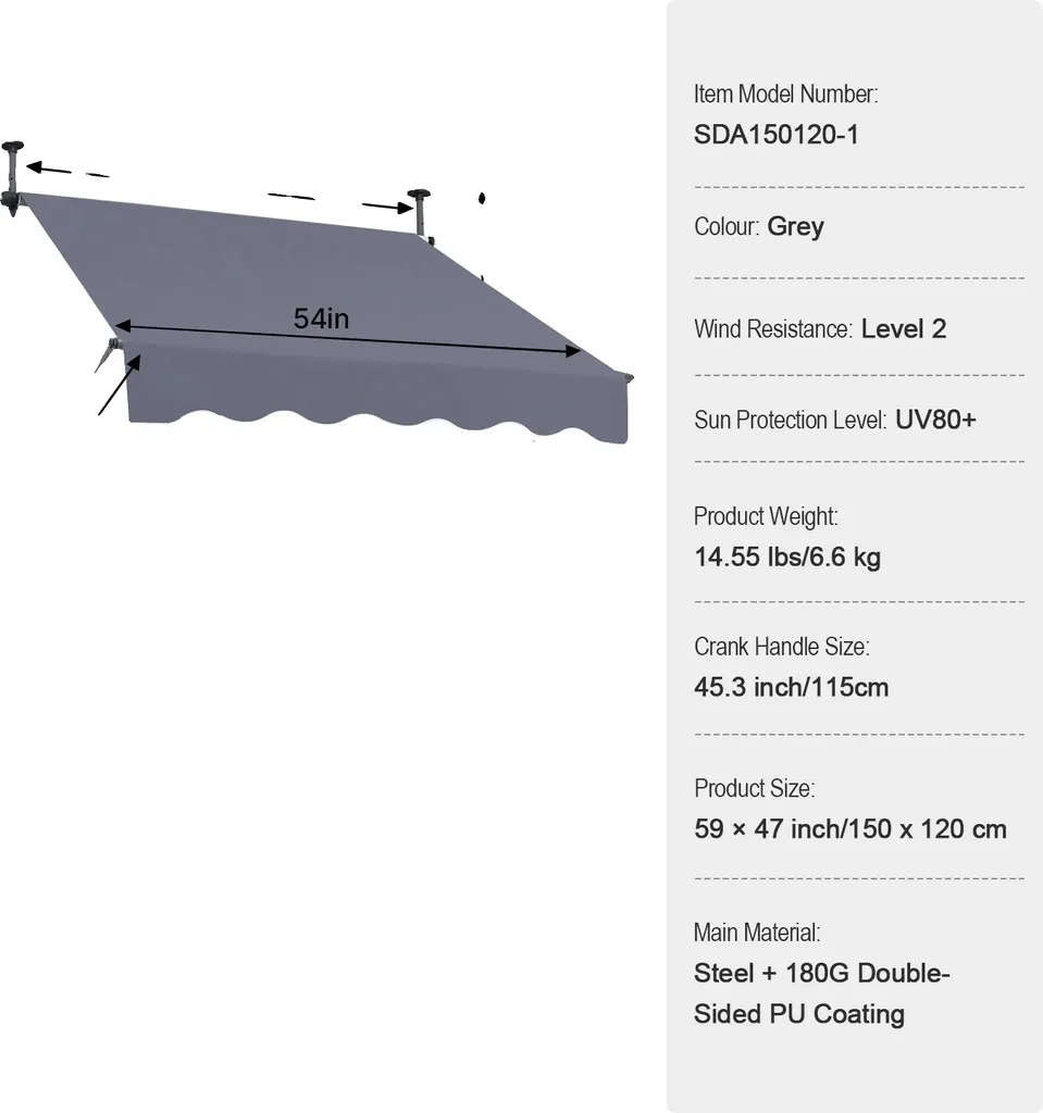 Store banne manuel anti-UV80+ 150x120 cm : stop chaleur et éblouissement