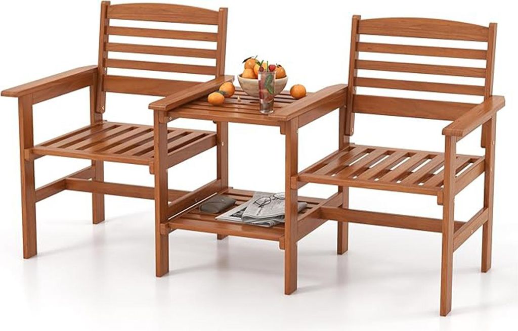 Doppelstuhl für die Terrasse mit 4 cm Schirmloch, 2-Sitzer-Konversationsset mit 2-stufigem Tisch, Holzmöbel-Set mit Mitteltisch, ideal, Natur