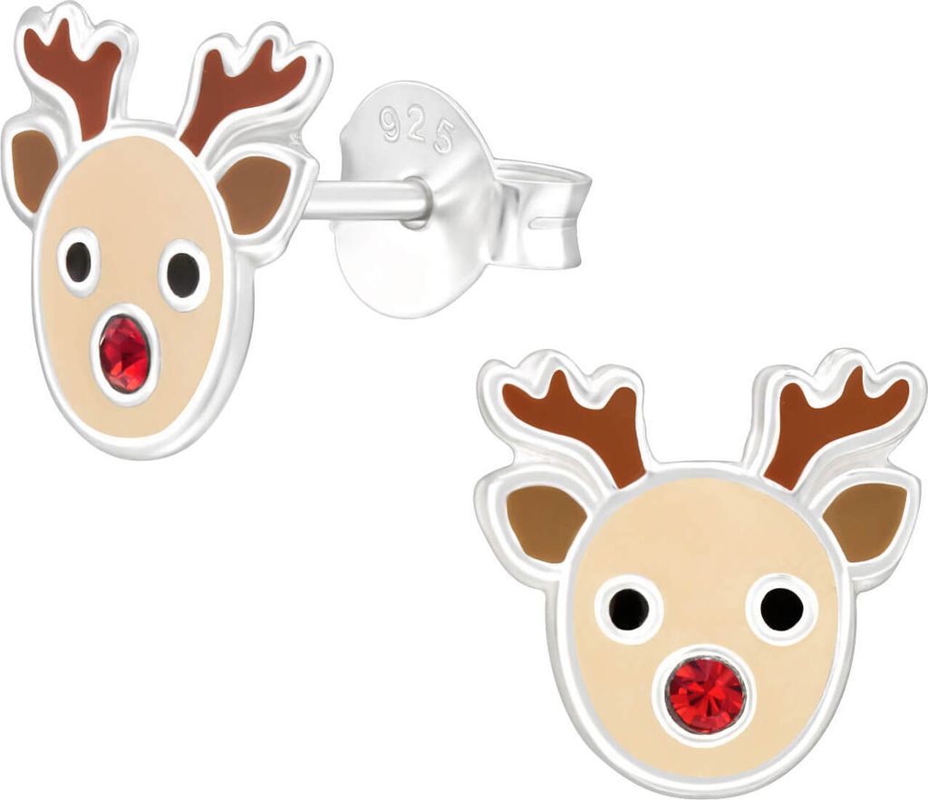Kinder Ohrringe Ohrstecker 925 Sterling Silber Rentierkopf mit Kristallnase
