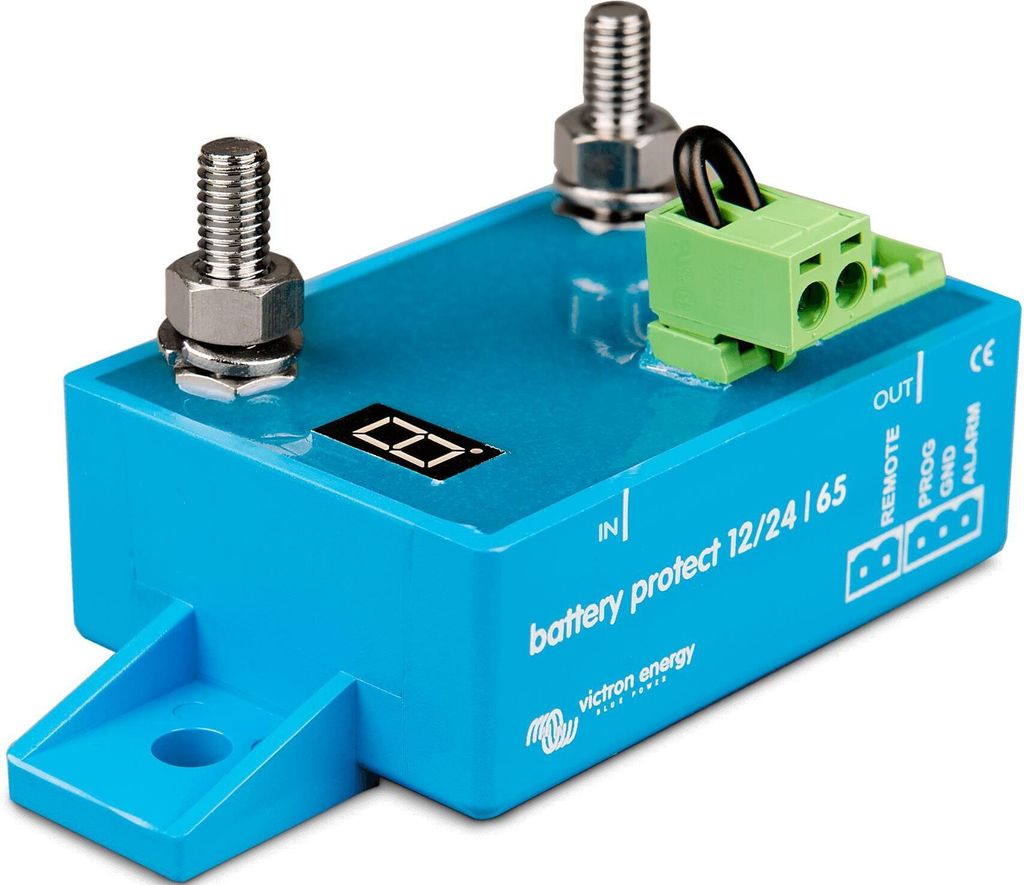 A close-up studio shot of a blue battery protector device.