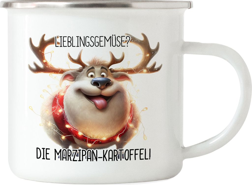 Lieblingsgemüse Marzipankartoffel Lustiges Rentier Julklapp Geschenk Emaille Tasse Lichterkette Adventsgeschenk