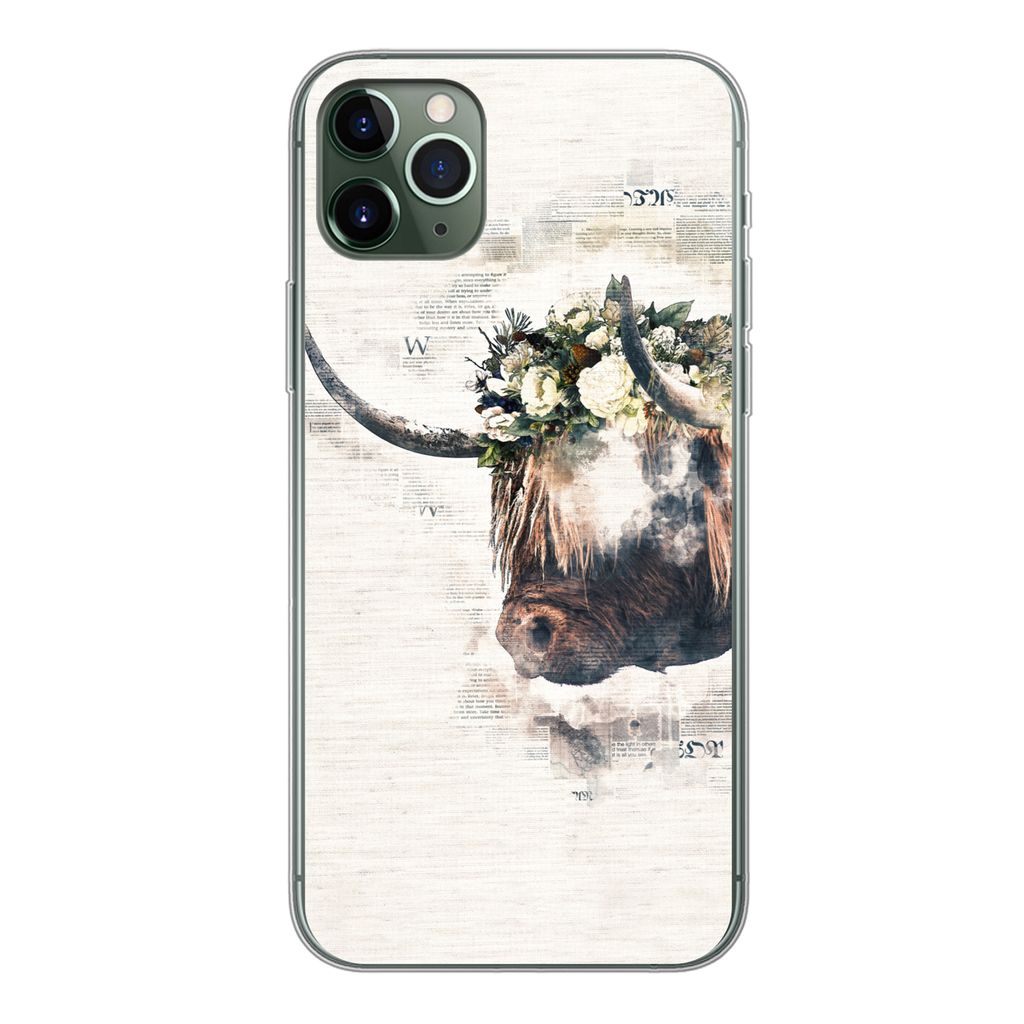 MuchoWow Handyhülle Schutzhülle Hülle für iPhone 11 Pro Max Schottischer Highlander - Rauch - Blumen Silikon Softcase Handy Hülle - Schutz