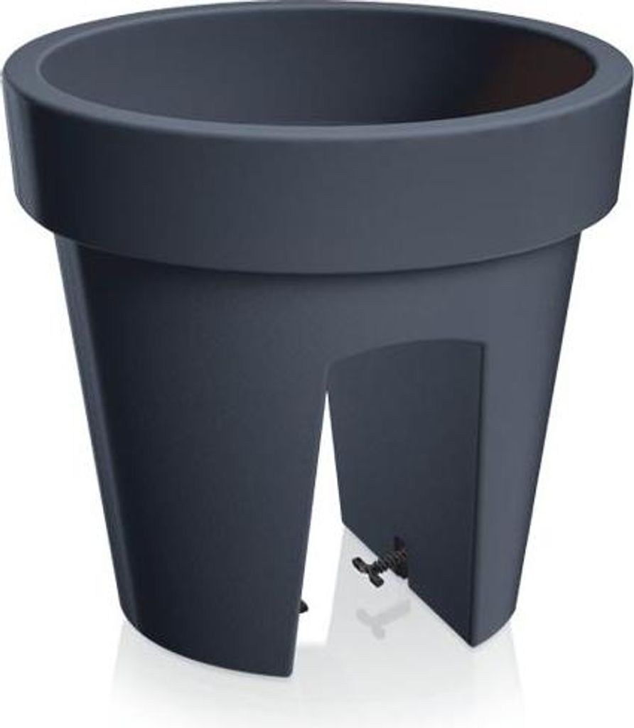 A dark gray planter pot with a unique design that allows it to hang on a railing.