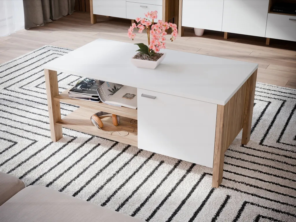 Table basse gain de place Saitama avec coffre fermé chêne et gris