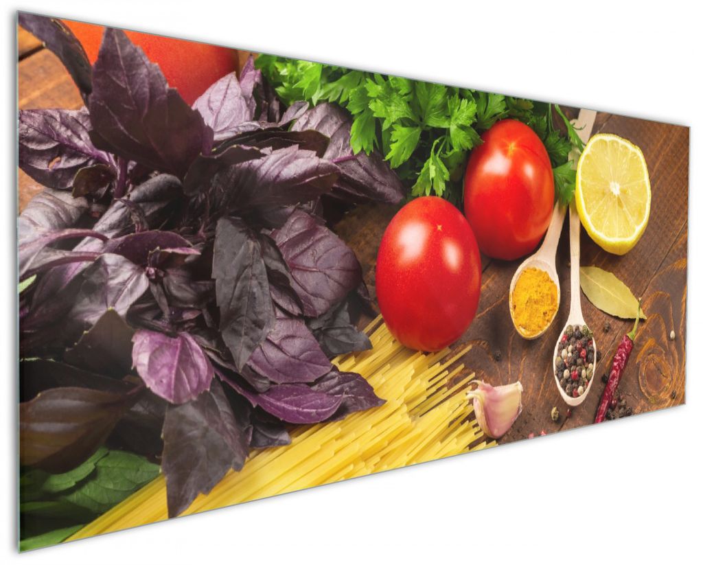 Wallario Küchenrückwand aus Glas, Größe: 125 x 50 cm, Motiv: Italienisches Menü mit Spaghetti, Tomaten, Basilikum und Gewürzen | Spritzschutz...