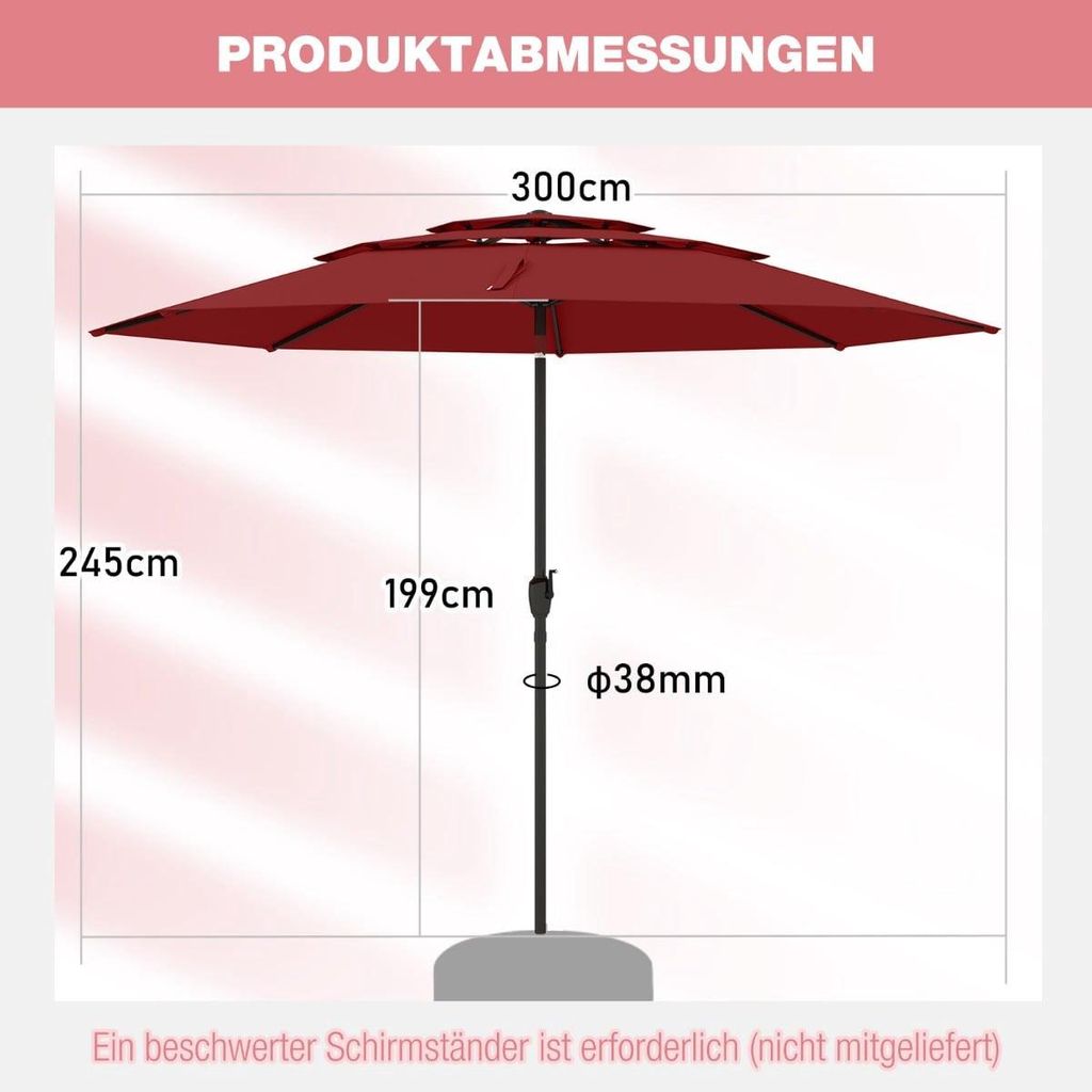 Windbeständiger Sonnenschirm für die Terrasse, 300 cm, neigbar und mit Kurbel, rot