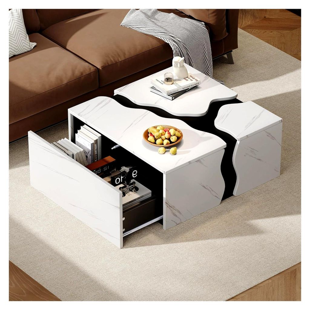 Couchtisch 70x70x31cm, würfelförmiges geometrisches Design, Beistelltisch mit Schublade, Tisch mit Marmorfurnier, Aufbewahrungstisch, Spieltisch