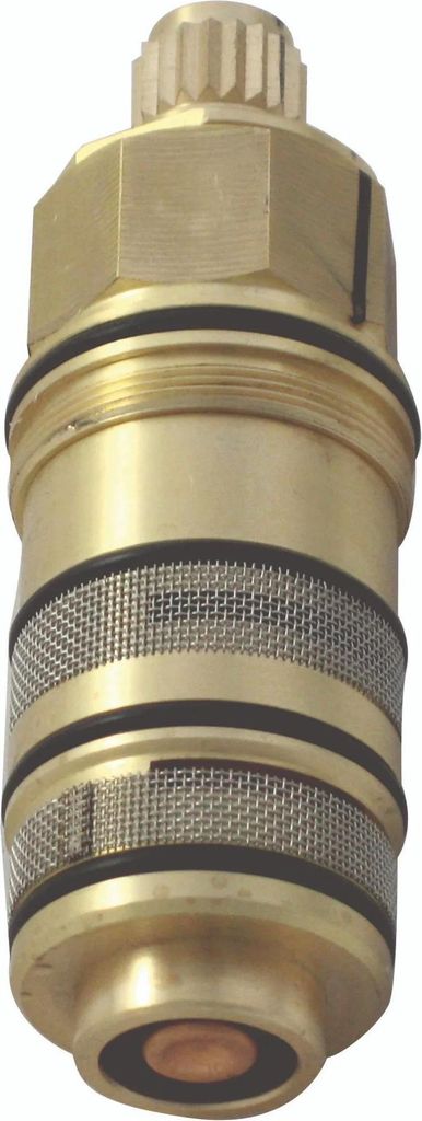 A close-up studio shot of a brass plumbing valve cartridge.