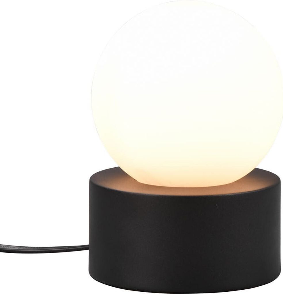 A black cylindrical base with a white spherical light bulb on top, on a white background.