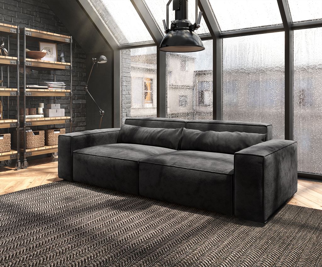 DELIFE Big-Sofa Sirpio 230x95 cm Mikrofaser Schwarz mit Hocker