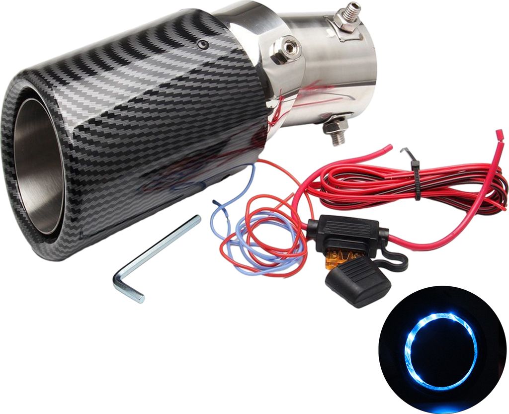 Auto-Auspuffschalldämpfer, blau-rote LED, leuchtende Kohlefaser, hitzebeständig, universelle Modifikation innerhalb von 55 mm, Ersatz-Autozubehö...