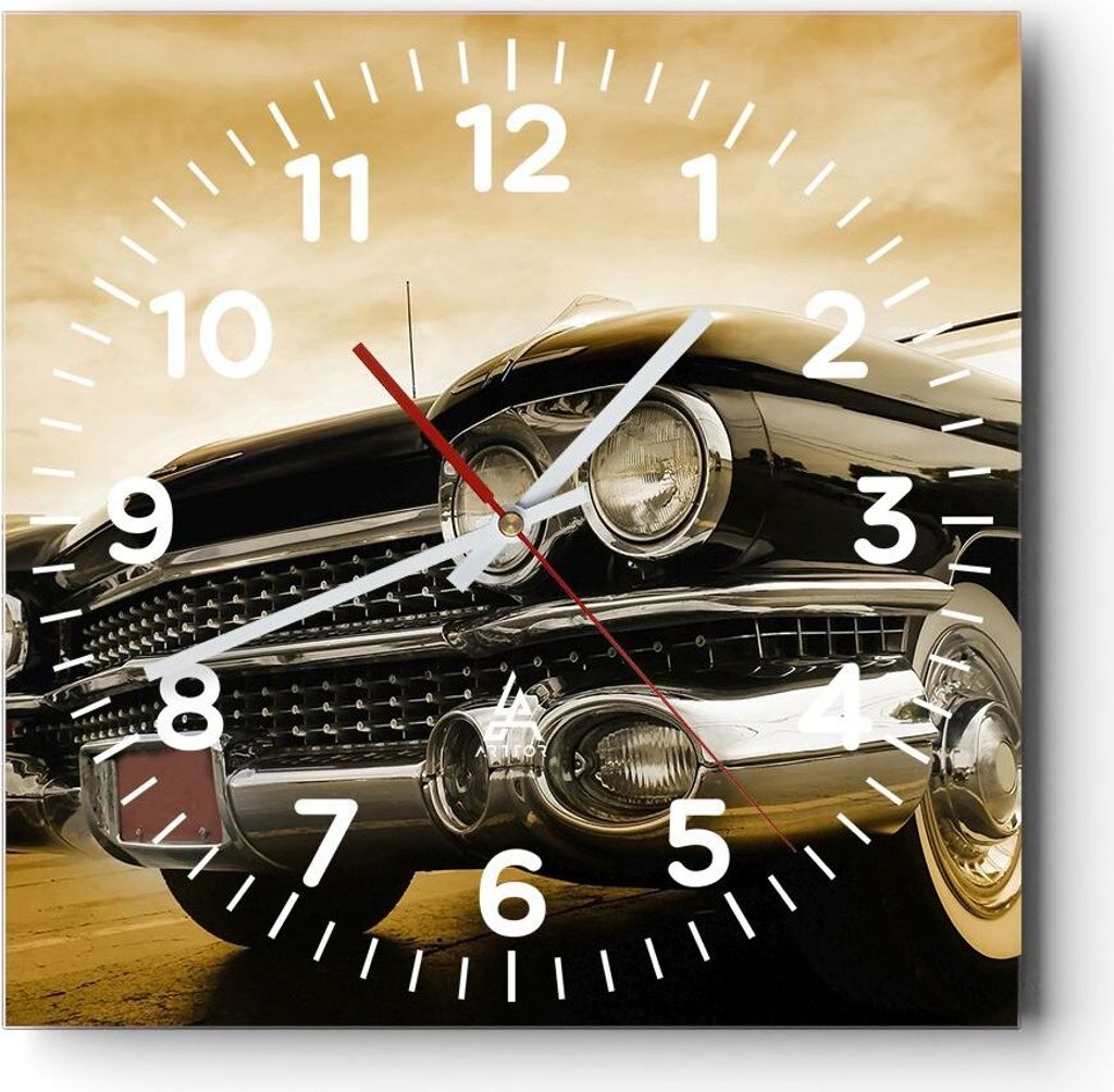 Wanduhr - Quadrat - Glasuhr - Auto Chrom Rad - 30x30cm - Schleichendes Uhrwerk - Lautlos - zum Aufhängen bereit - Dekoration Modern - Wanddekorati...
