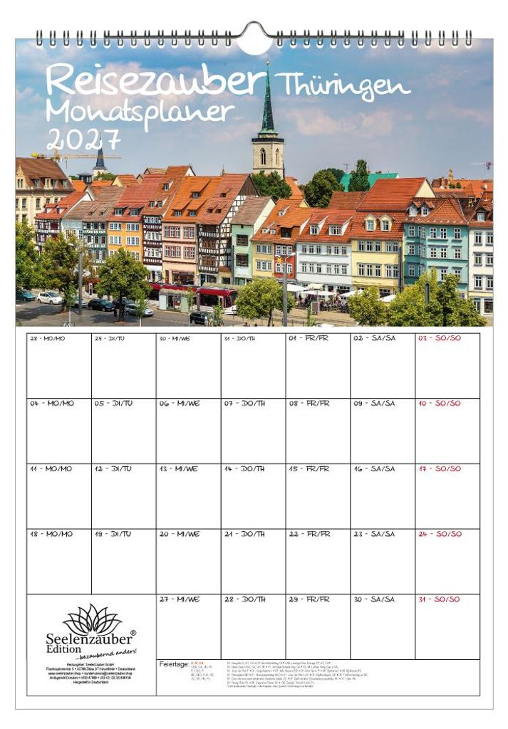 Reisezauber Thüringen Planer DIN A3 Kalender für 2027 Städte Bundesland Menschen - Seelenzauber