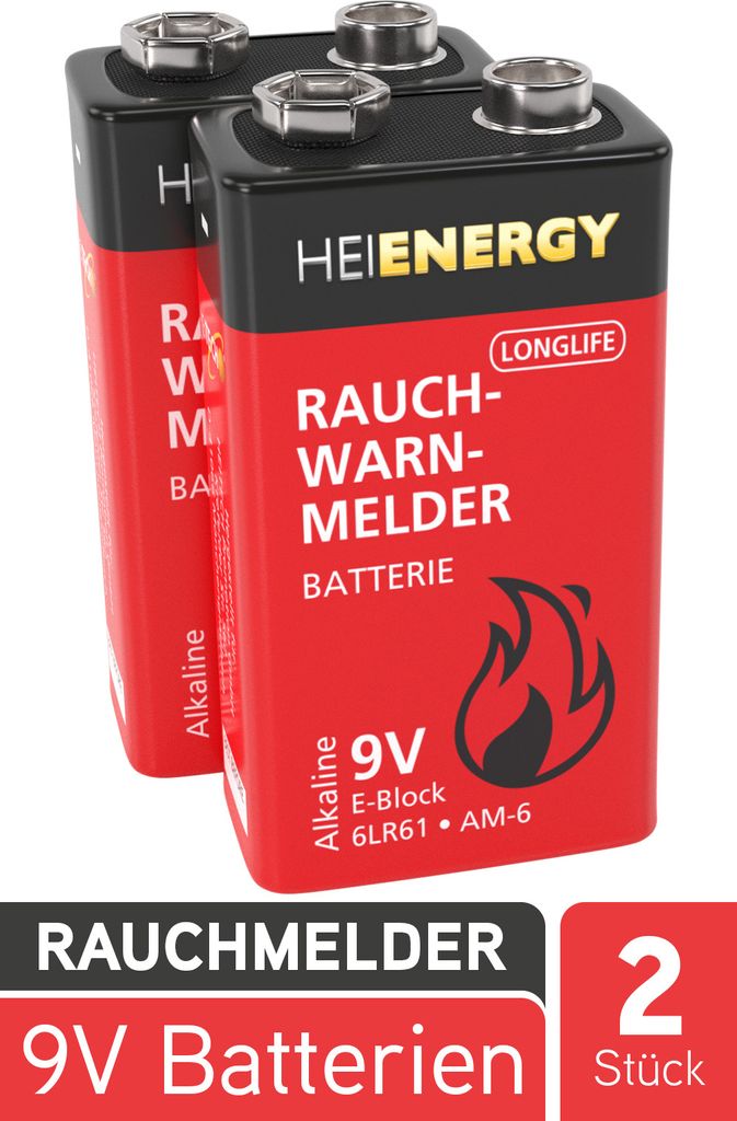 Alkaline 9V-Block 2er Pack für Rauchwarnmelder, Longlife; 6LR61